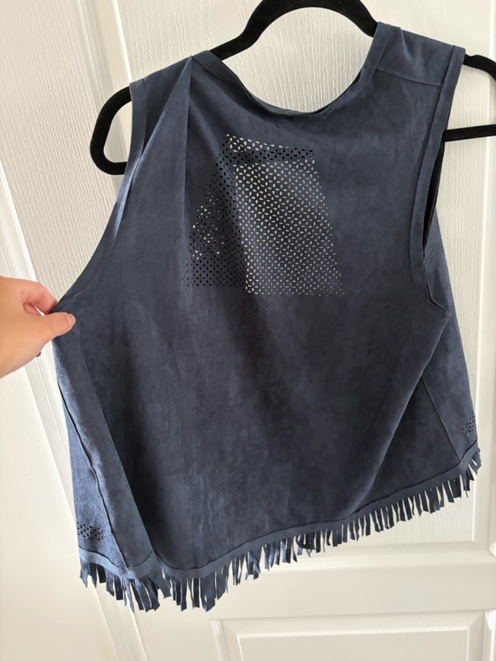 Fringed Navy Suede Open Front Tunic Vest - Picture 3 of 4